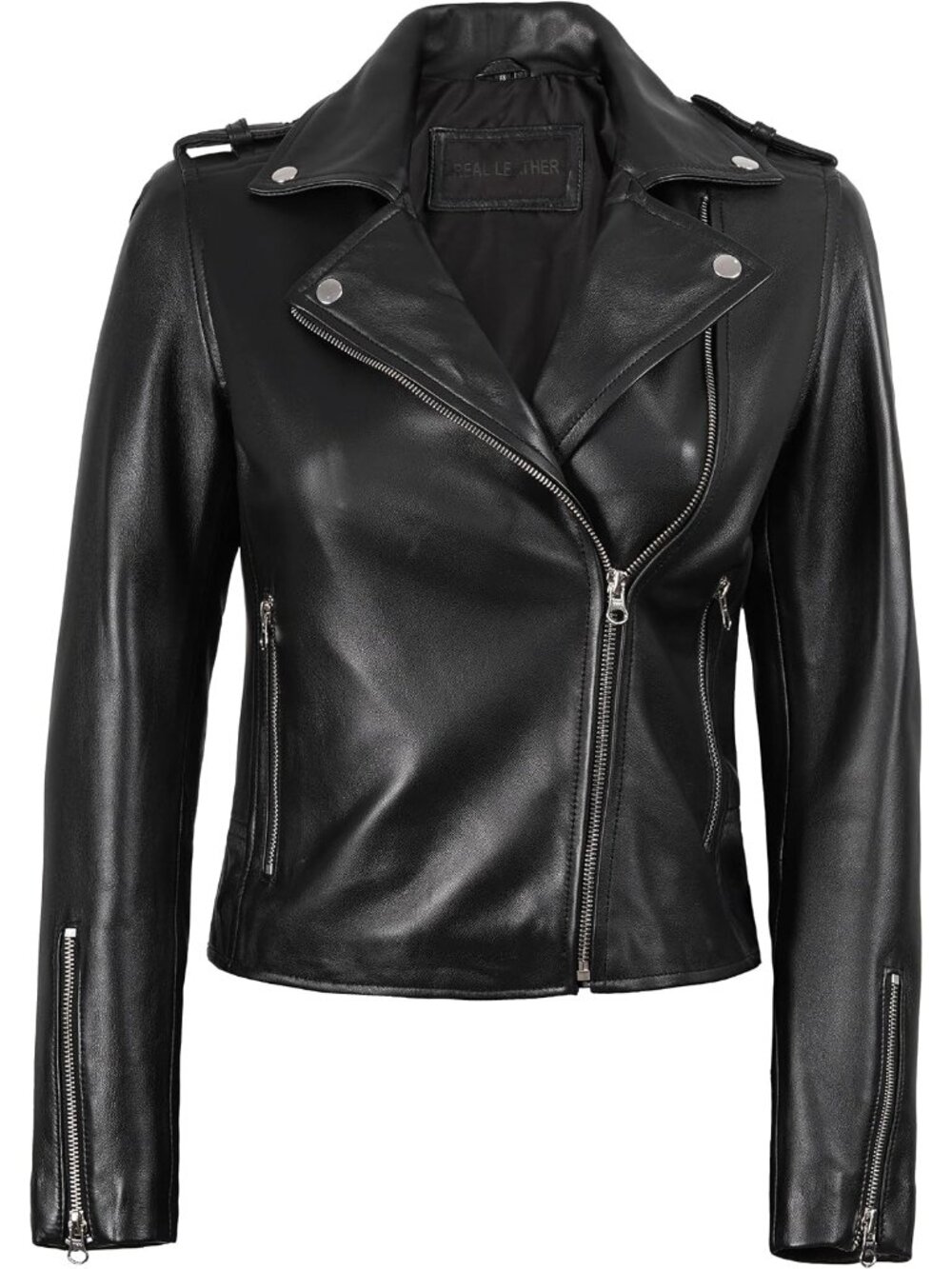 Women’s Real Lambskin Leather Asymmetrical Moto Biker Jacket- Black